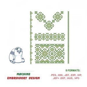 Peut inclure: Modèle de broderie machine pour une chemise blanche avec un motif géométrique vert. Le motif comprend un col, une bande et un motif de manche. 8 formats sont inclus : PES, XXX, JEF, EXP, VIP, JEF+DST, HUS, VP3.