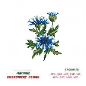 May include: Machine embroidery design of blue and white flowers with green leaves. 8 formats included: PES, XXX, JEF, EXP, VIP, JEF+DST, HUS, VP3.