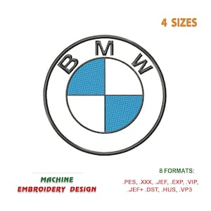 May include: A machine embroidery design of the BMW logo. The logo is a white circle with a blue and white propeller design inside. The circle is outlined in black. The text "BMW" is written in black around the circle. The text "4 SIZES" is written in orange above the logo. The text "8 FORMATS: .PES, .XXX, .JEF, .EXP, .VIP, .JEF+.DST, .HUS, .VP3" is written in black below the logo. The text "MACHINE EMBROIDERY DESIGN" is written in green below the logo.