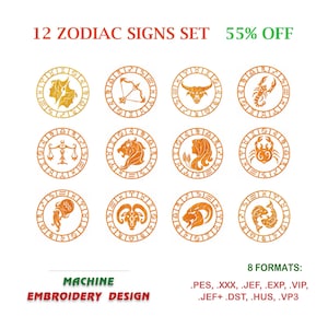 50% rebajado. 12 signos del zodíaco, paquete de diseño de bordado a máquina. Archivos de bordado. Descarga instantánea | NH_0091