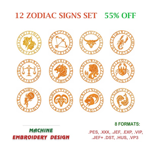 50% rebajado. 12 signos del zodíaco, paquete de diseño de bordado a máquina. 3 tamaños. Descarga instantánea | NH_0091