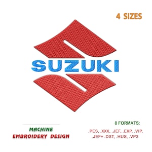 Pode incluir: Design de bordado de máquina do logotipo da Suzuki em vermelho e azul. O logotipo é um "S" estilizado com a palavra "SUZUKI" em letras azuis abaixo. O design está disponível em 4 tamanhos e 8 formatos.