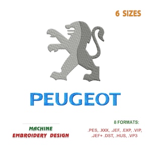 Peut inclure: Un motif de broderie machine du logo Peugeot, représentant un lion argenté avec le texte "PEUGEOT" en bleu. Le motif est disponible en 6 tailles et 8 formats.