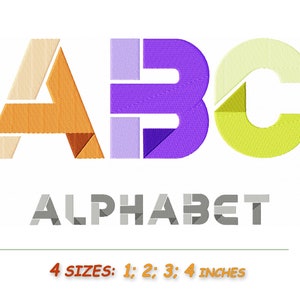 Puede incluir: Letras del alfabeto A, B y C de colores en estilo geométrico. Las letras son de color naranja, morado y amarillo. La palabra "ALPHABET" está escrita en gris debajo de las letras. El texto "4 TAMAÑOS: 1; 2; 3; 4 PULGADAS" está escrito debajo de la palabra "ALPHABET".