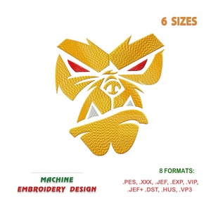 May include: Machine embroidery design of a yellow and red angry monster face. The design is available in 6 sizes and 8 formats: .PES, .XXX, .JEF, .EXP, .VIP, .JEF+.DST, .HUS, .VP3.