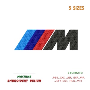Könnte beinhalten: Maschinenstickerei-Design des BMW M-Logos in Schwarz, Rot, Blau und Weiß. Das Design ist in 5 Größen und 8 Formaten verfügbar.