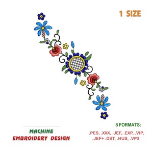May include: Machine embroidery design featuring a floral motif with blue, red, yellow, and green flowers. The design includes a large, circular flower with a grid pattern in the center. The design is available in 8 formats: PES, XXX, JEF, EXP, VIP, JEF+, DST, HUS, and VP3.
