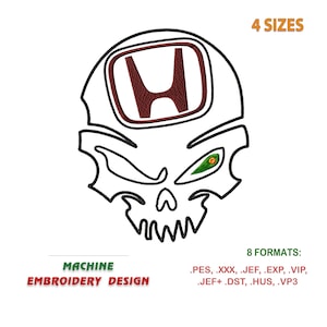 May include: Machine embroidery design of a skull with a red Honda logo on the forehead and a green eye. The design is available in 8 formats and 4 sizes.