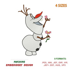 May include: Machine embroidery design of Olaf from Frozen holding a pink flower. The design is available in 4 sizes and 8 formats.