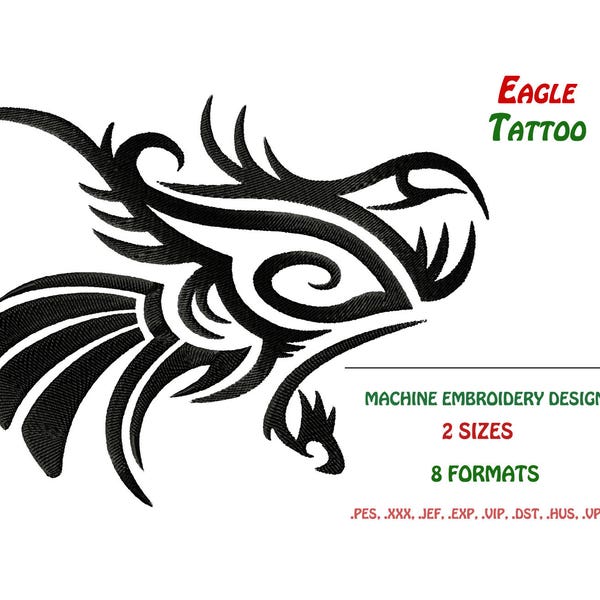 Digital machine embroidery files, Eagle tribal tattoo. Instant Download. Embroidery digitizing, for machine embroidery. 2 sizes