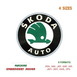 Op de afbeelding: Zwart-wit machine borduurontwerp van het Skoda Auto-logo. Het logo is een groene gevleugelde pijl in een cirkel met de tekst "Skoda Auto" eromheen. Het ontwerp is verkrijgbaar in 8 formaten en 4 maten.