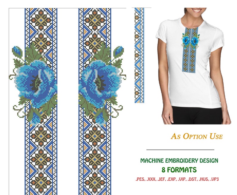 Machine crossstitch embroidery design blue rose. for Etsy