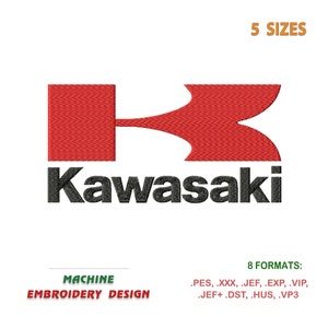 May include: Machine embroidery design of the Kawasaki logo. The logo is red and black and features the Kawasaki name in black text below the logo.