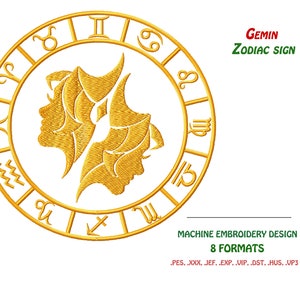 Projekt haftu maszynowego. Gemini Monochrome, znak zodiaku 5 kolorów. Pliki do haftu. Natychmiastowe pobranie. Do haftu maszynowego.