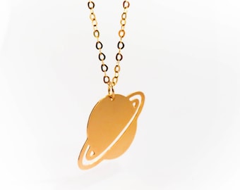 Gold Filled Saturn Planet Halskette: Minimalistischer Weltraum Schmuck