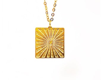 Gold Sunburst Halskette: Geometrischer Art Deco Anhänger, 14k Gold Filled