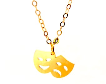 Goldene Gesichtsmaske Halskette: Commedia Dell'Arte Anhänger, Minimalistischer Schmuck