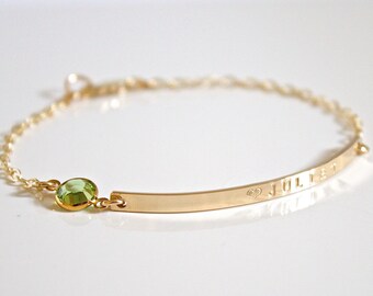 Gold Nameplate Bracelet, Gold Long Curved Bar, Mother's Day Gift, Personalized Bracelet, Birthstone Bracelet, Engraved, Custom Bracelet,
