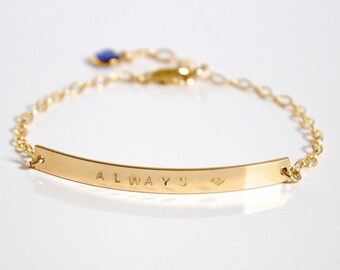 14K Gold Bar Bracelet, Custom Gold Bar, Name Plate Gold Bar Bracelet, , Sapphire Gemstone Charm, Initial Bar Jewelry, Sterling Silver