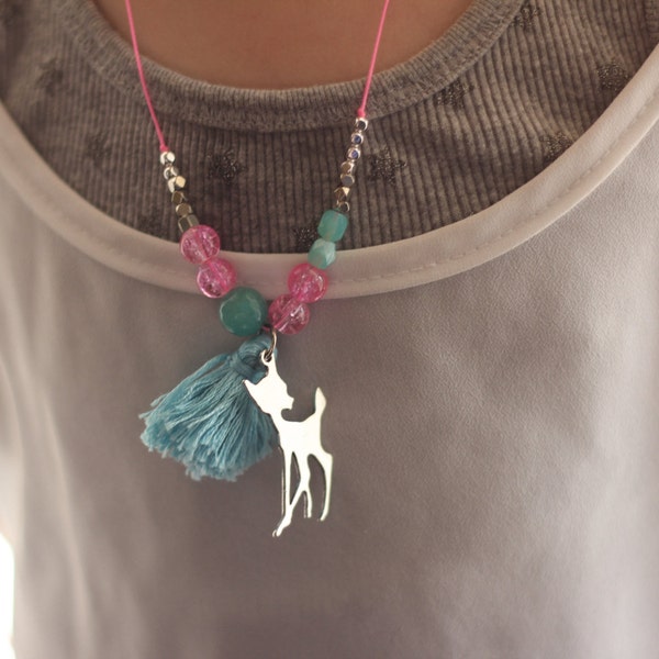 Girl's Silver Deer Charm Necklace with Blue tassel