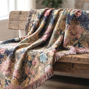 Floral Tapestry Throw Dark Floral Woven Cotton Blanket Grandmillennial Bedroom Sitting Room Home Decor Antique Blush Moss Green Housewarming