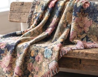 Floral Tapestry Throw Dark Floral Woven Cotton Blanket Grandmillennial Bedroom Sitting Room Home Decor Antique Blush Moss Green Housewarming