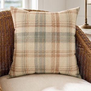 Coastal Plaid Throw Pillow Cottage Farmhouse Sofa Decor Rustic Living Room Bedroom Sage Green Terracotta Accent Cushion Muted Checks Design