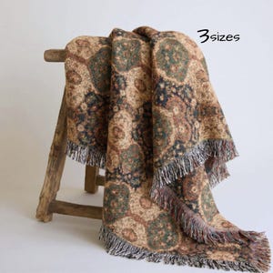 Woven Cotton Throw Blanket Vintage Rug Pattern Old European Home Decor Moss Terracotta Sofa Bed Chair Heirloom Gift Housewarming Tapestry