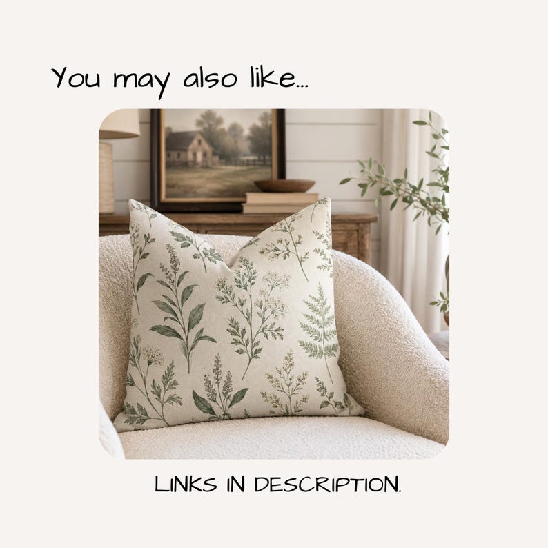 May include: A square throw cushion featuring a cream-coloured fabric base with a repeating botanical print in shades of muted green. The design displays various fern and wildflower illustrations across the surface. Text reads: You may also like... LINKS IN DESCRIPTION.