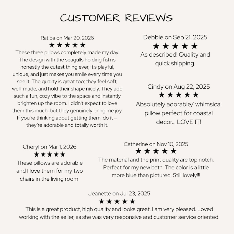 May include: A collection of customer reviews displayed as text on a light background. The image features the heading CUSTOMER REVIEWS followed by six individual testimonials from Ratiba, Debbie, Cindy, Cheryl, Catherine, and Jeanette, each accompanied by five black star icons representing a top rating.