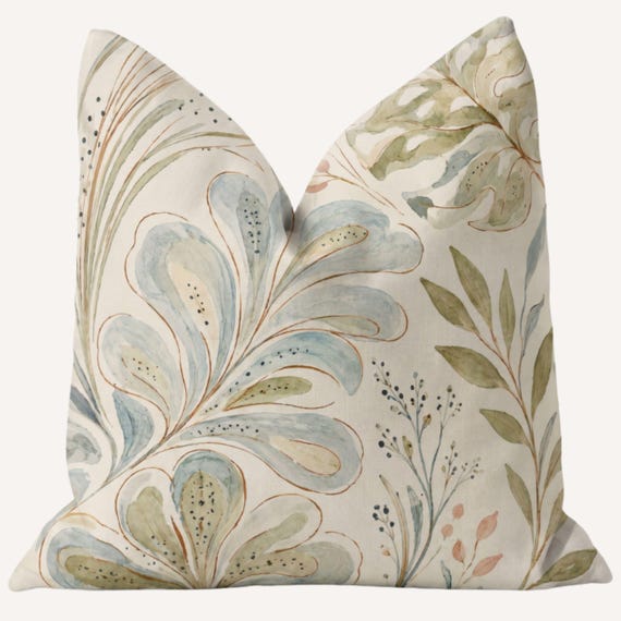Watercolor Botanical Throw Pillow Sage Cream Blue Modern Coastal Sofa Cushion Living Room Bedroom Beach House Decor Cottage Sunroom Bench