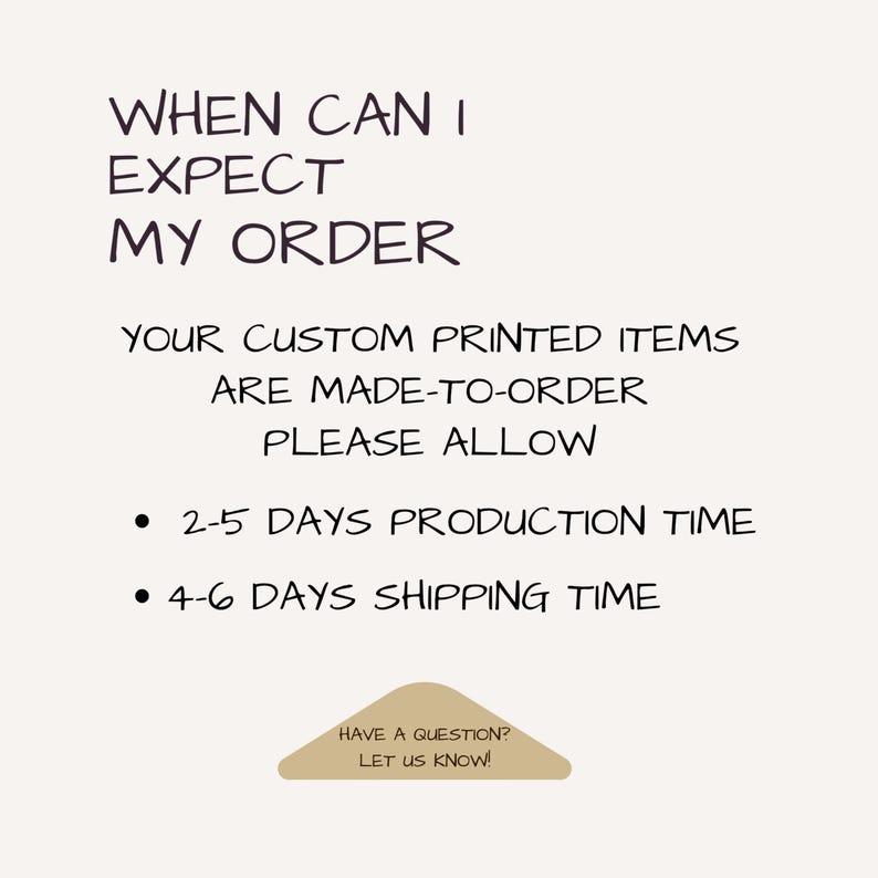 May include: An informational graphic with dark brown text on a light beige background. The text reads: WHEN CAN I EXPECT MY ORDER, YOUR CUSTOM PRINTED ITEMS ARE MADE-TO-ORDER PLEASE ALLOW 2-5 DAYS PRODUCTION TIME, 4-6 DAYS SHIPPING TIME, HAVE A QUESTION? LET US KNOW!