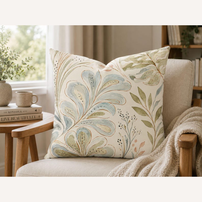 May include: A square throw cushion featuring a cream-coloured background with a watercolour-style botanical print. The design includes large, stylised blue and green leaves, delicate stems, and small dotted accents in a soft, artistic arrangement.