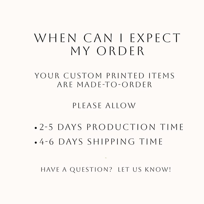Puede incluir: Un gr&aacute;fico informativo blanco con texto negro que dice: WHEN CAN I EXPECT MY ORDER, YOUR CUSTOM PRINTED ITEMS ARE MADE-TO-ORDER, PLEASE ALLOW 2-5 DAYS PRODUCTION TIME, 4-6 DAYS SHIPPING TIME, HAVE A QUESTION? LET US KNOW!