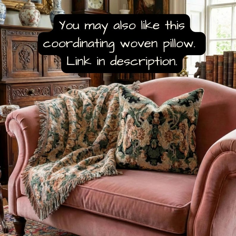 Vintage Floral Tapestry Throw Sage Green Terracotta Blush Woven Cotton Blanket Botanical Medallion Grandmillennial Heirloom Decor image 16