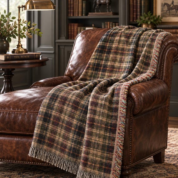 Woven Cotton Throw Blanket Heritage Plaid Hunting Lodge Decor Den Accent Autumn Harvest Style Equestrian Cozy Lap Quilt Rustic Cabin Bedding