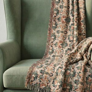 Vintage Floral Tapestry Throw Sage Green Terracotta Blush Woven Cotton Blanket Botanical Medallion Grandmillennial Heirloom Decor image 8