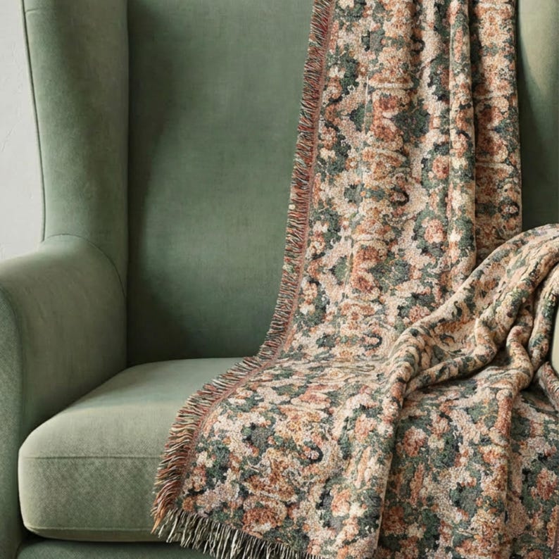 Vintage Floral Tapestry Throw Sage Green Terracotta Blush Woven Cotton Blanket Botanical Medallion Grandmillennial Heirloom Decor image 8