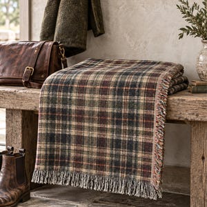 Burgundy Accent Throw Plaid Blanket Cotton Woven Coverlet Autumn Color Palette Farmhouse Style Rustic Cabin Bedding Cozy Lap Quilt Warm Living Room Textile Oversized Soft Cotton Traditional Pattern Fringed Edge Country Home Accessory