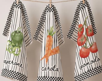 Italian Kitchen Towel Vegetable Print Dish Cloth Gift Farmhouse Garden Design Italy Textile Hostess Chef Housewarming Bridal Shower Present