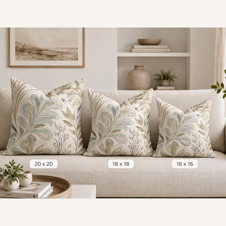 May include: Three square scatter cushions featuring a botanical pattern with blue, green, and tan leaf motifs on a cream background. The cushions are labelled with sizes 20 x 20 cm, 18 x 18 cm, and 16 x 16 cm, displayed in a descending order.