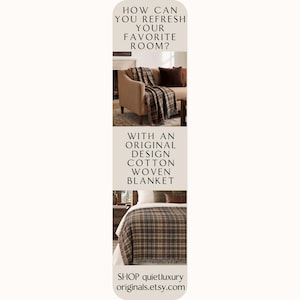 Puede incluir: Una manta de algod&oacute;n tejida con un patr&oacute;n de cuadros marr&oacute;n, beige y azul, colocada sobre un sof&aacute; y una cama. El texto dice: HOW CAN YOU REFRESH YOUR FAVORITE ROOM? WITH AN ORIGINAL DESIGN COTTON WOVEN BLANKET. SHOP quietluxury originals.etsy.com