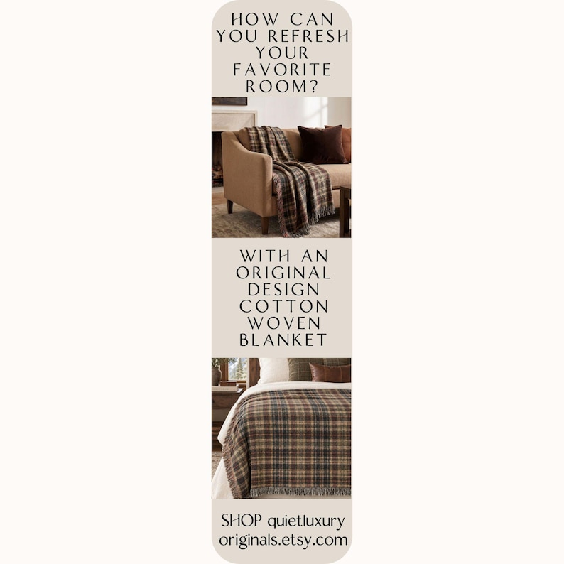 Puede incluir: Una manta de algod&oacute;n tejida con un patr&oacute;n de cuadros marr&oacute;n, beige y azul, colocada sobre un sof&aacute; y una cama. El texto dice: HOW CAN YOU REFRESH YOUR FAVORITE ROOM? WITH AN ORIGINAL DESIGN COTTON WOVEN BLANKET. SHOP quietluxury originals.etsy.com