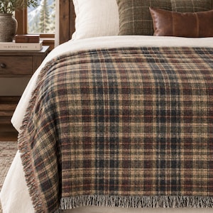 Farmhouse Style Plaid Throw Blanket Rustic Cabin Bedding Cozy Cotton Woven Coverlet Burgundy Accent Textile Living Room Accessory Traditional Pattern Lap Quilt Warm Oversized Throw Fringed Edge Country Home Soft Wrap