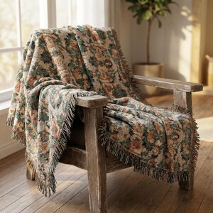 Vintage Floral Tapestry Throw Sage Green Terracotta Blush Woven Cotton Blanket Botanical Medallion Grandmillennial Heirloom Decor image 2