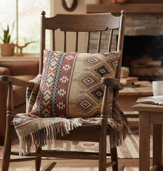 Western Bohemian Woven Pillow Rustic Ranch Decor Afrobohemian Throw Cushion Artisan Geometric Accent Earthy Textured Home Tapestry Design