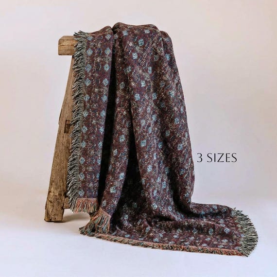 Woven Cotton Throw Blanket Burgundy Teal Diamond Pattern Fringed Bed Cover Southwestern Home Cabin Mountain Lodge Gift Men Heirloom Textile