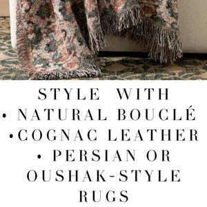 May include: A Persian floral tapestry woven blanket draped over a white sofa. The blanket features a detailed floral pattern in shades of brown, green, and peach, with fringed edges. The image also includes text: PERSIAN FLORAL TAPESTRY WOVEN BLANKET.