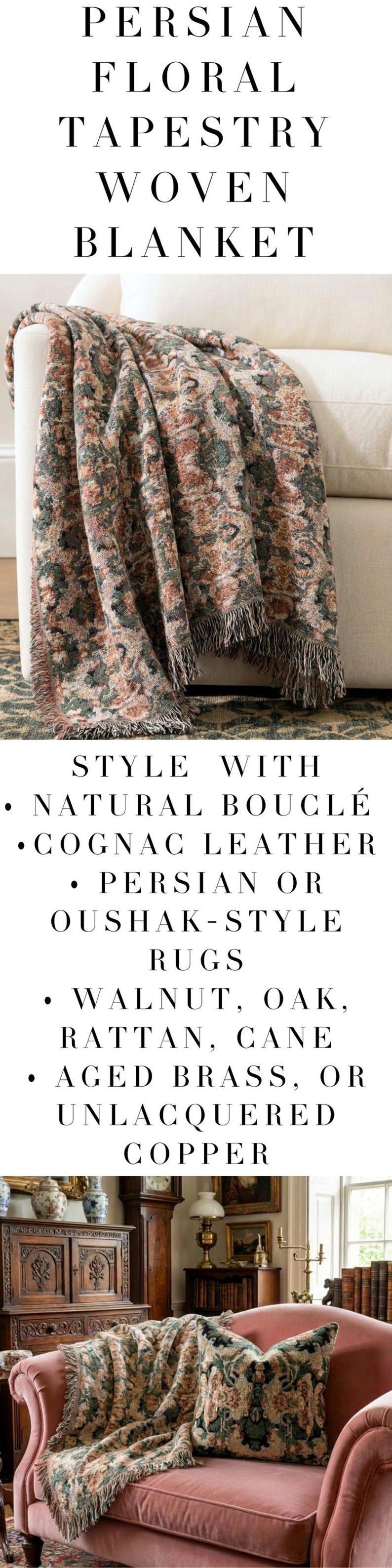 May include: A Persian floral tapestry woven blanket draped over a white sofa. The blanket features a detailed floral pattern in shades of brown, green, and peach, with fringed edges. The image also includes text: PERSIAN FLORAL TAPESTRY WOVEN BLANKET.