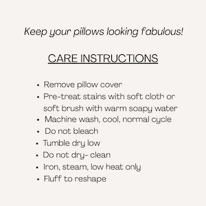 May include: A white informational card with black text titled CARE INSTRUCTIONS. The text lists steps: Remove pillow cover, pre-treat stains with warm soapy water, machine wash cool, do not bleach, tumble dry low, do not dry-clean, iron low, and fluff.